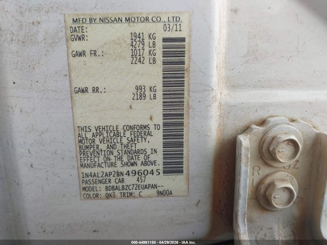 44961150 :رقم المزاد ، 1N4AL2AP2BN496045 vin ، 2011 Nissan Altima 2.5 S مزاد بيع