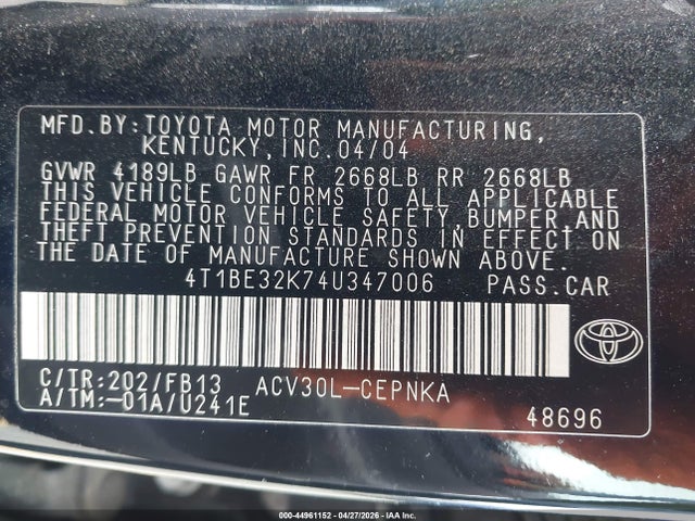 Auction sale of the 2004 Toyota Camry Le, vin: 4T1BE32K74U347006, lot number: 44961152