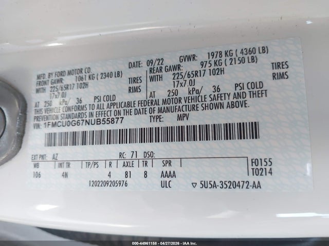 1FMCU0G67NUB55877 Ford ESCAPE SE