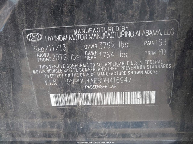 Aukcja sprzedaży 2013 Hyundai Elantra Gls, vin: 5NPDH4AE8DH416947, numer aukcji: 44961164
