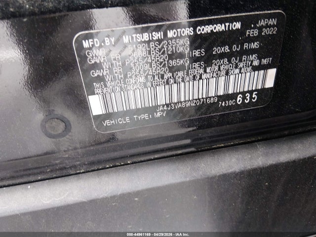 2022 Mitsubishi Outlander Sel 2.5 2wd/sel Special Edition 2wd მანქანა იყიდება აუქციონზე, vin: JA4J3VA89NZ071689, აუქციონის ნომერი: 44961169