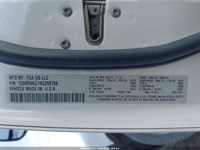 Aukcja sprzedaży 2022 Ram 1500 Classic Tradesman  4x2 5'7 Box, vin: 1C6RR6KG1NS208708, numer aukcji: 44961179