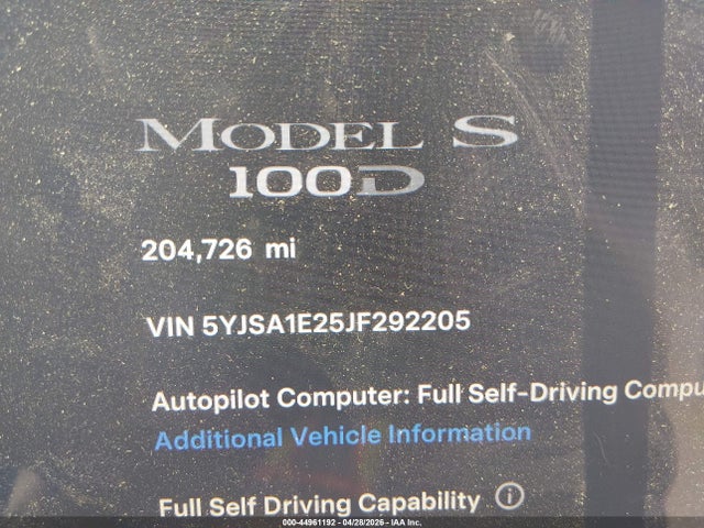 2018 Tesla Model S მანქანა იყიდება აუქციონზე, vin: 5YJSA1E25JF292205, აუქციონის ნომერი: 44961192