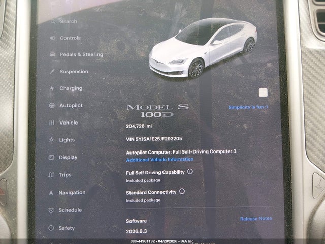Aukcja sprzedaży 2018 Tesla Model S, vin: 5YJSA1E25JF292205, numer aukcji: 44961192