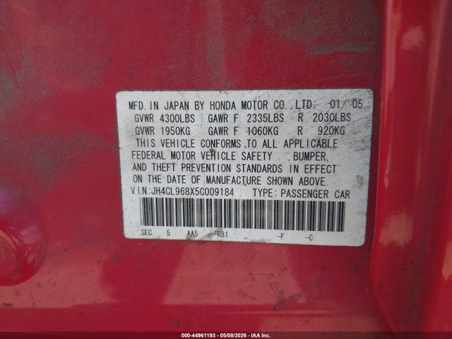 44961193 :رقم المزاد ، JH4CL968X5C009184 vin ، 2005 Acura Tsx مزاد بيع