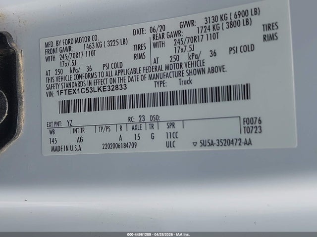 2020 Ford F-150 Xl მანქანა იყიდება აუქციონზე, vin: 1FTEX1C53LKE32833, აუქციონის ნომერი: 44961209