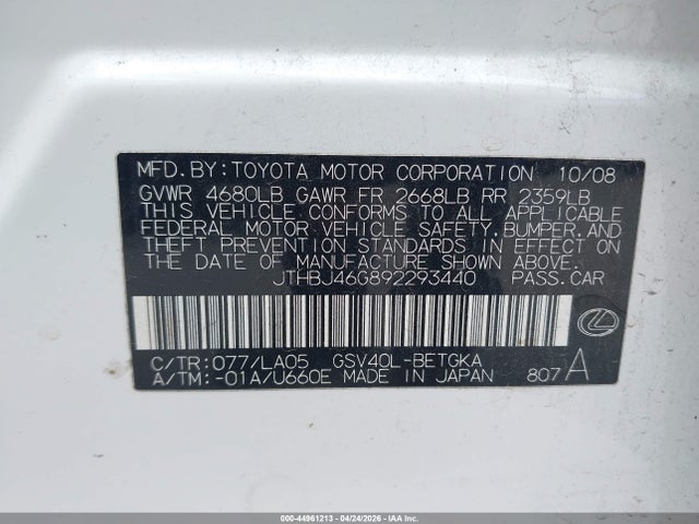 Aukcja sprzedaży 2009 Lexus Es 350, vin: JTHBJ46G892293440, numer aukcji: 44961213