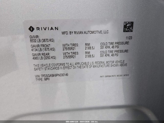 Продаж на аукціоні авто 2023 Rivian R1s Adventure, vin: 7PDSGABA9PN030149, номер лоту: 44961228