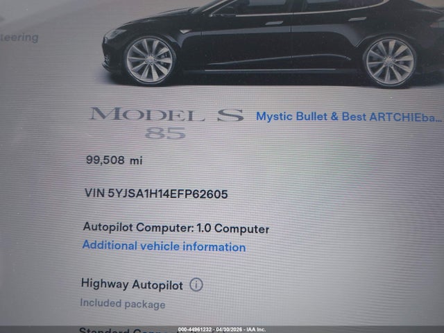 2014 Tesla Model S P85 მანქანა იყიდება აუქციონზე, vin: 5YJSA1H14EFP62605, აუქციონის ნომერი: 44961232