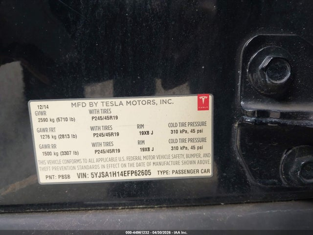 2014 Tesla Model S P85 მანქანა იყიდება აუქციონზე, vin: 5YJSA1H14EFP62605, აუქციონის ნომერი: 44961232