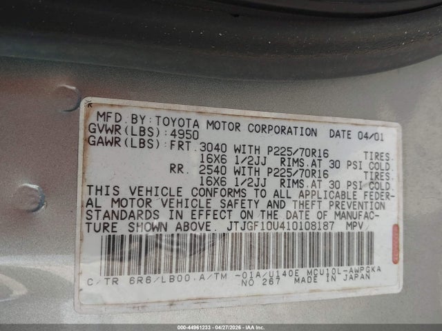 Продаж на аукціоні авто 2001 Lexus Rx 300, vin: JTJGF10U410108187, номер лоту: 44961233
