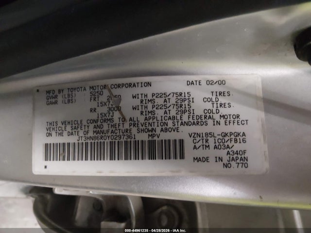 2000 Toyota 4runner Sr5 V6 მანქანა იყიდება აუქციონზე, vin: JT3HN86R0Y0297361, აუქციონის ნომერი: 44961235