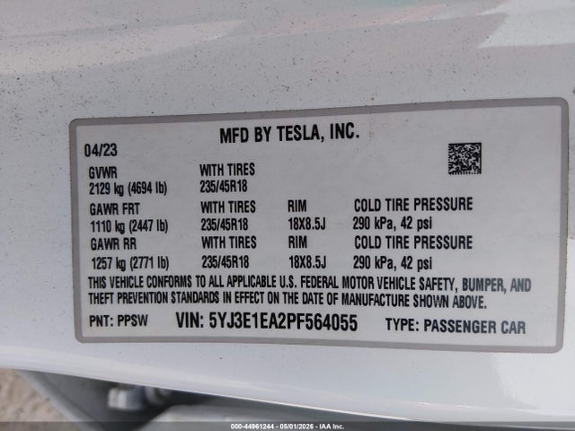 Продаж на аукціоні авто 2023 Tesla Model 3 Rear-wheel Drive, vin: 5YJ3E1EA2PF564055, номер лоту: 44961244