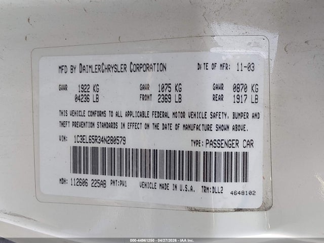 Продажа на аукционе авто 2004 Chrysler Sebring Limited, vin: 1C3EL65R34N280579, номер лота: 44961250