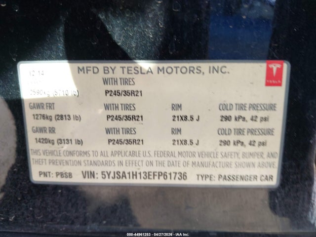 Продаж на аукціоні авто 2014 Tesla Model S P85, vin: 5YJSA1H13EFP61736, номер лоту: 44961253