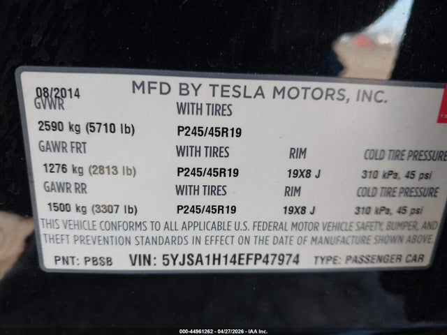 Aukcja sprzedaży 2014 Tesla Model S P85, vin: 5YJSA1H14EFP47974, numer aukcji: 44961262