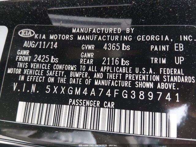 Продажа на аукционе авто 2015 Kia Optima Lx, vin: 5XXGM4A74FG389741, номер лота: 44961263