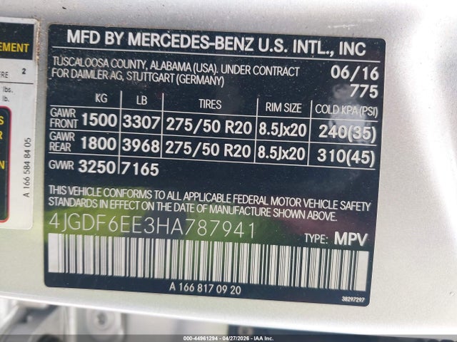 44961294 :رقم المزاد ، 4JGDF6EE3HA787941 vin ، 2017 Mercedes-benz Gls 450 4matic مزاد بيع