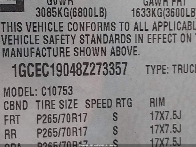 Aukcja sprzedaży 2008 Chevrolet Silverado 1500 Lt1, vin: 1GCEC19048Z273357, numer aukcji: 44961297
