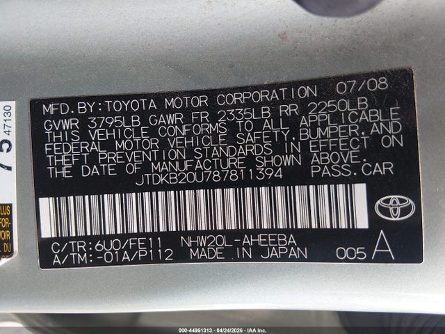 44961313 :رقم المزاد ، JTDKB20U787811394 vin ، 2008 Toyota Prius مزاد بيع