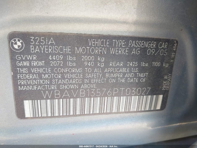 Продажа на аукционе авто 2006 Bmw 325i, vin: WBAVB13576PT03027, номер лота: 44961317