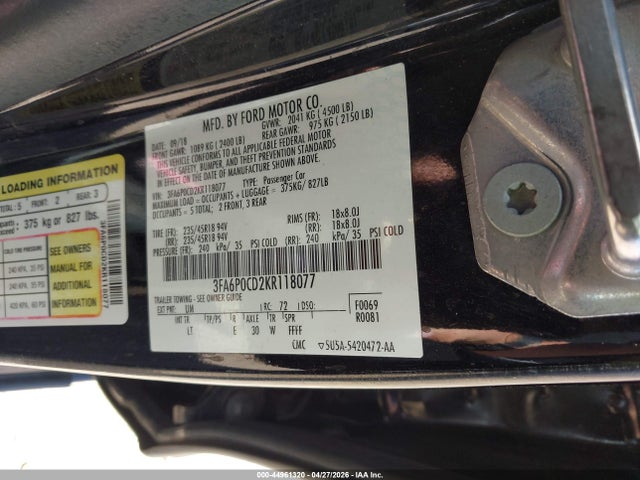 Ford FUSION SEL 2019 3FA6P0CD2KR118077 Image 9