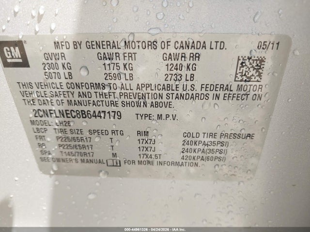 Aukcja sprzedaży 2011 Chevrolet Equinox 2lt, vin: 2CNFLNEC8B6447179, numer aukcji: 44961326