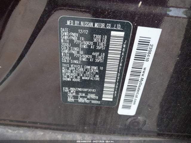 44961335 :رقم المزاد ، JN8AZ2ND1D9730183 vin ، 2013 Infiniti Qx56 مزاد بيع