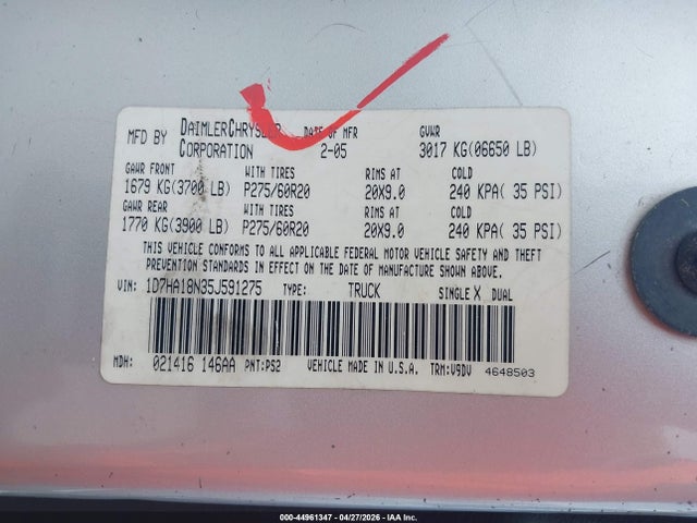44961347 :رقم المزاد ، 1D7HA18N35J591275 vin ، 2005 Dodge Ram 1500 Slt/laramie مزاد بيع