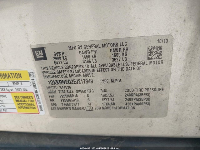 2014 Gmc Acadia Sle-1 მანქანა იყიდება აუქციონზე, vin: 1GKKRNED2EJ217949, აუქციონის ნომერი: 44961373