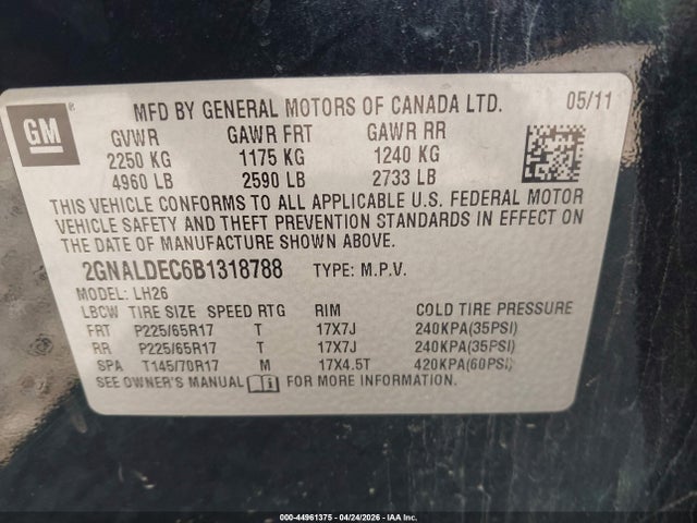 Продажа на аукционе авто 2011 Chevrolet Equinox 1lt, vin: 2GNALDEC6B1318788, номер лота: 44961375