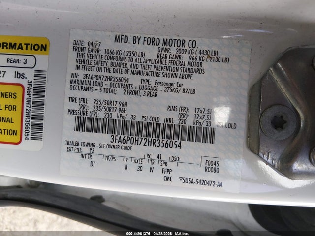 Ford FUSION SE 2017 3FA6P0H72HR356054 Image 9