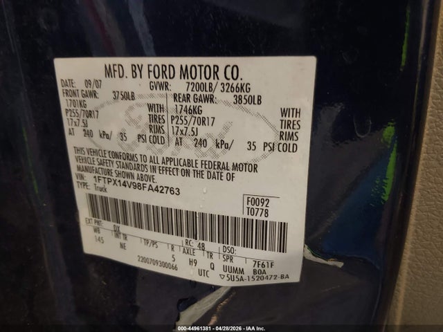 Продажа на аукционе авто 2008 Ford F-150 Fx4/lariat/xl/xlt, vin: 1FTPX14V98FA42763, номер лота: 44961381