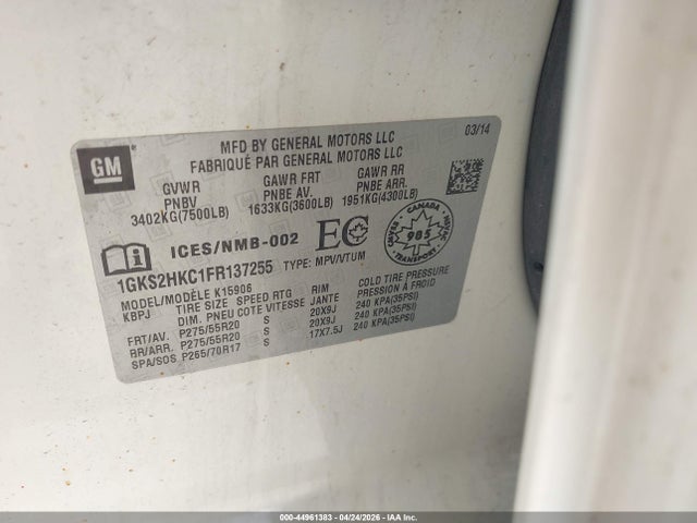 44961383 :رقم المزاد ، 1GKS2HKC1FR137255 vin ، 2015 Gmc Yukon Xl 1500 Slt مزاد بيع