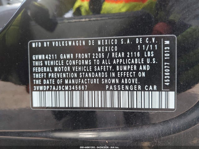 44961393 :رقم المزاد ، 3VWDP7AJ9CM345667 vin ، 2012 Volkswagen Jetta 2.5l Se مزاد بيع