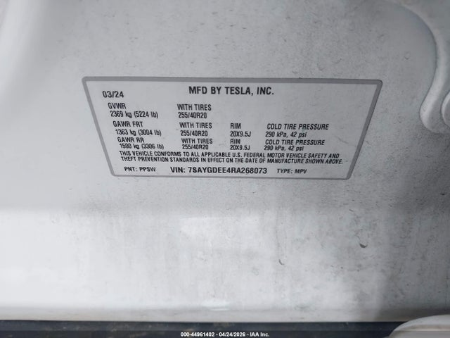 Aukcja sprzedaży 2024 Tesla Model Y Long Range Dual Motor All-wheel Drive, vin: 7SAYGDEE4RA268073, numer aukcji: 44961402