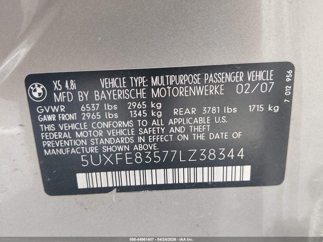 Aukcja sprzedaży 2007 Bmw X5 4.8i, vin: 5UXFE83577LZ38344, numer aukcji: 44961407