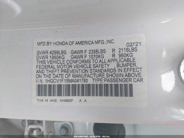 Продаж на аукціоні авто 2021 Honda Accord Lx, vin: 1HGCV1F15MA041780, номер лоту: 44961409
