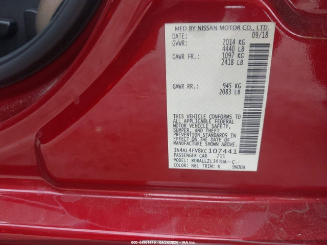 Продаж на аукціоні авто 2019 Nissan Altima 2.0 Edition One, vin: 1N4AL4FV8KC107441, номер лоту: 44961419