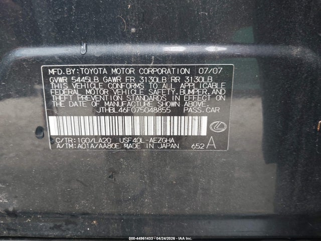 44961433 :رقم المزاد ، JTHBL46F075048855 vin ، 2007 Lexus Ls 460 مزاد بيع