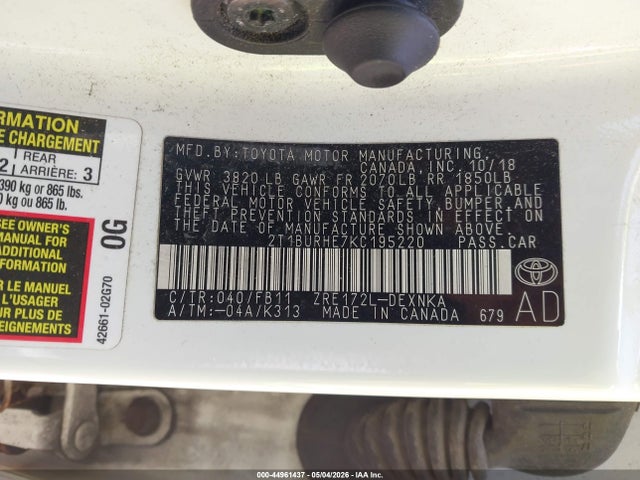 44961437 :رقم المزاد ، 2T1BURHE7KC195220 vin ، 2019 Toyota Corolla Le مزاد بيع