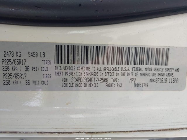 Продаж на аукціоні авто 2015 Dodge Journey Sxt, vin: 3C4PDCBG4FT742508, номер лоту: 44961438
