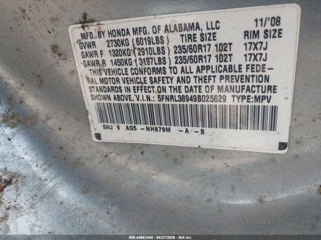 44961440 :رقم المزاد ، 5FNRL38949B025629 vin ، 2009 Honda Odyssey Touring مزاد بيع