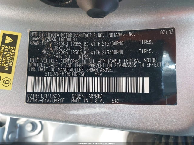 5TDJZRFH1HS403750 Toyota Highlander Xle