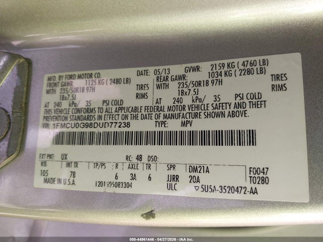 Продажа на аукционе авто 2013 Ford Escape Se, vin: 1FMCU0G98DUD77238, номер лота: 44961446