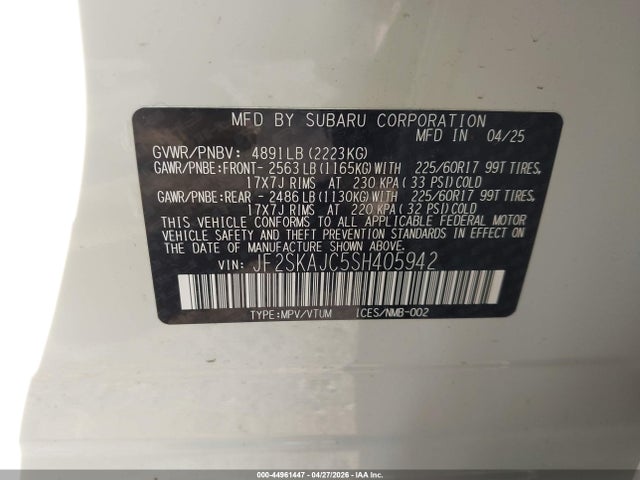44961447 :رقم المزاد ، JF2SKAJC5SH405942 vin ، 2025 Subaru Forester Wilderness مزاد بيع