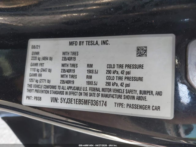 Aukcja sprzedaży 2021 Tesla Model 3 Long Range Dual Motor All-wheel Drive, vin: 5YJ3E1EB5MF036174, numer aukcji: 44961454