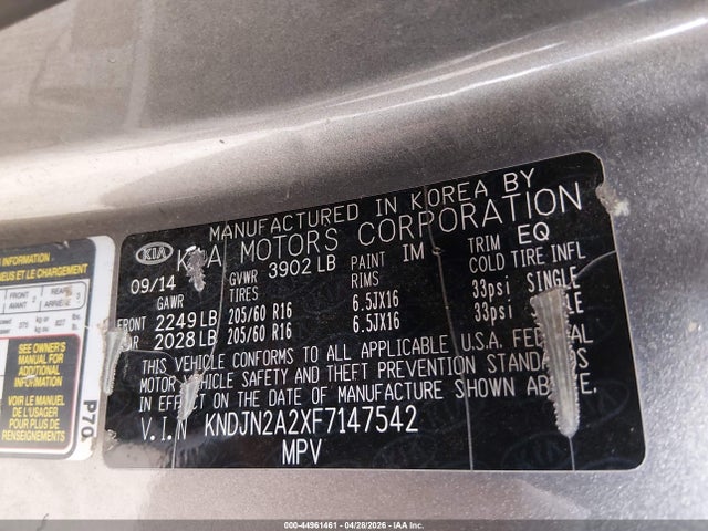 2015 Kia Soul მანქანა იყიდება აუქციონზე, vin: KNDJN2A2XF7147542, აუქციონის ნომერი: 44961461