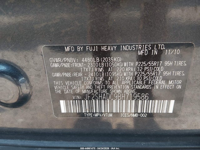 44961470 :رقم المزاد ، JF2SHADC9BH719586 vin ، 2011 Subaru Forester 2.5x Premium مزاد بيع