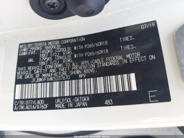 Продажа на аукционе авто 2019 Lexus Gx 460 Premium, vin: JTJBM7FX4K5237670, номер лота: 44961476